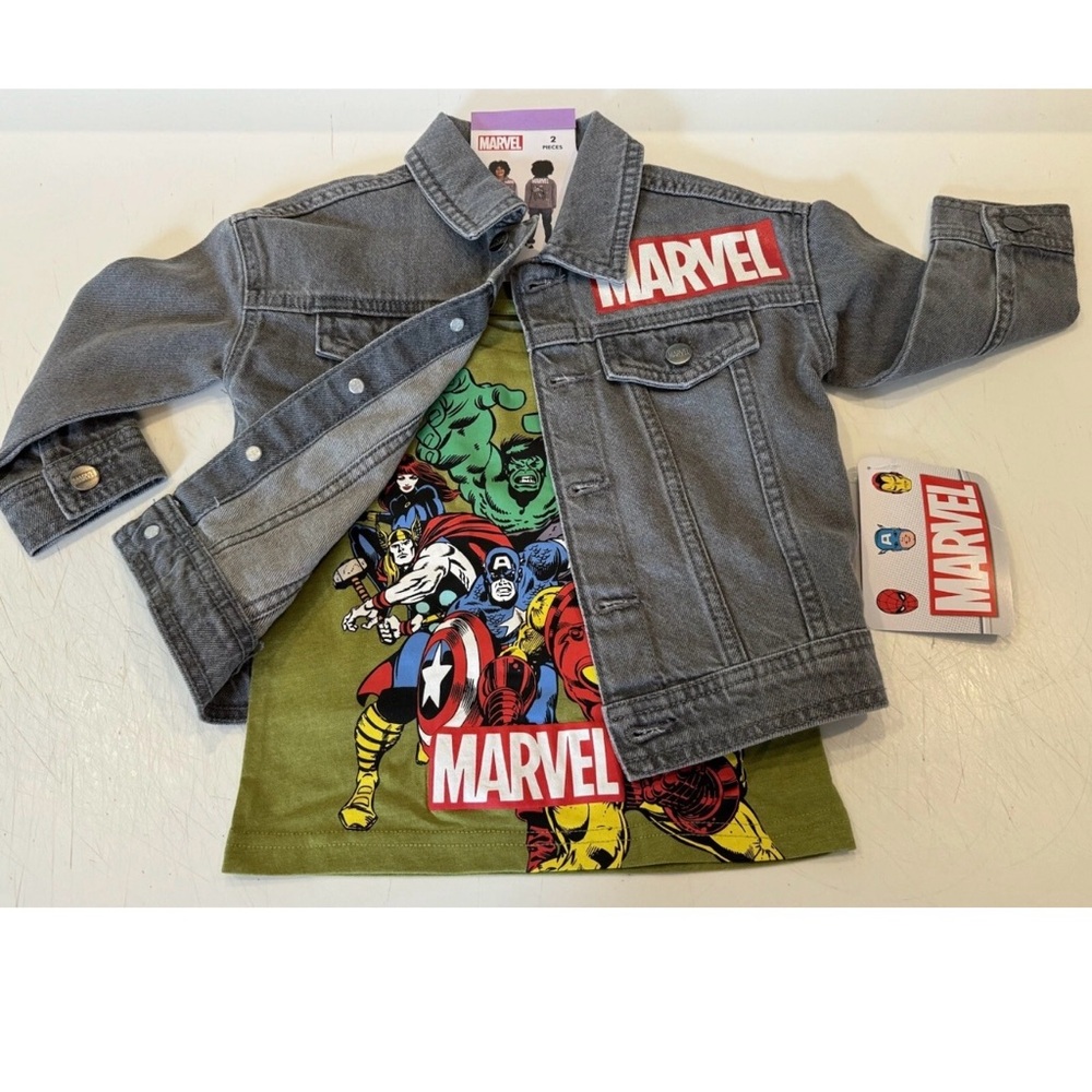 Marvel Superheros Grey Denim Jean Jacket & T-Shirt 2pc SET Toddler Size 2T